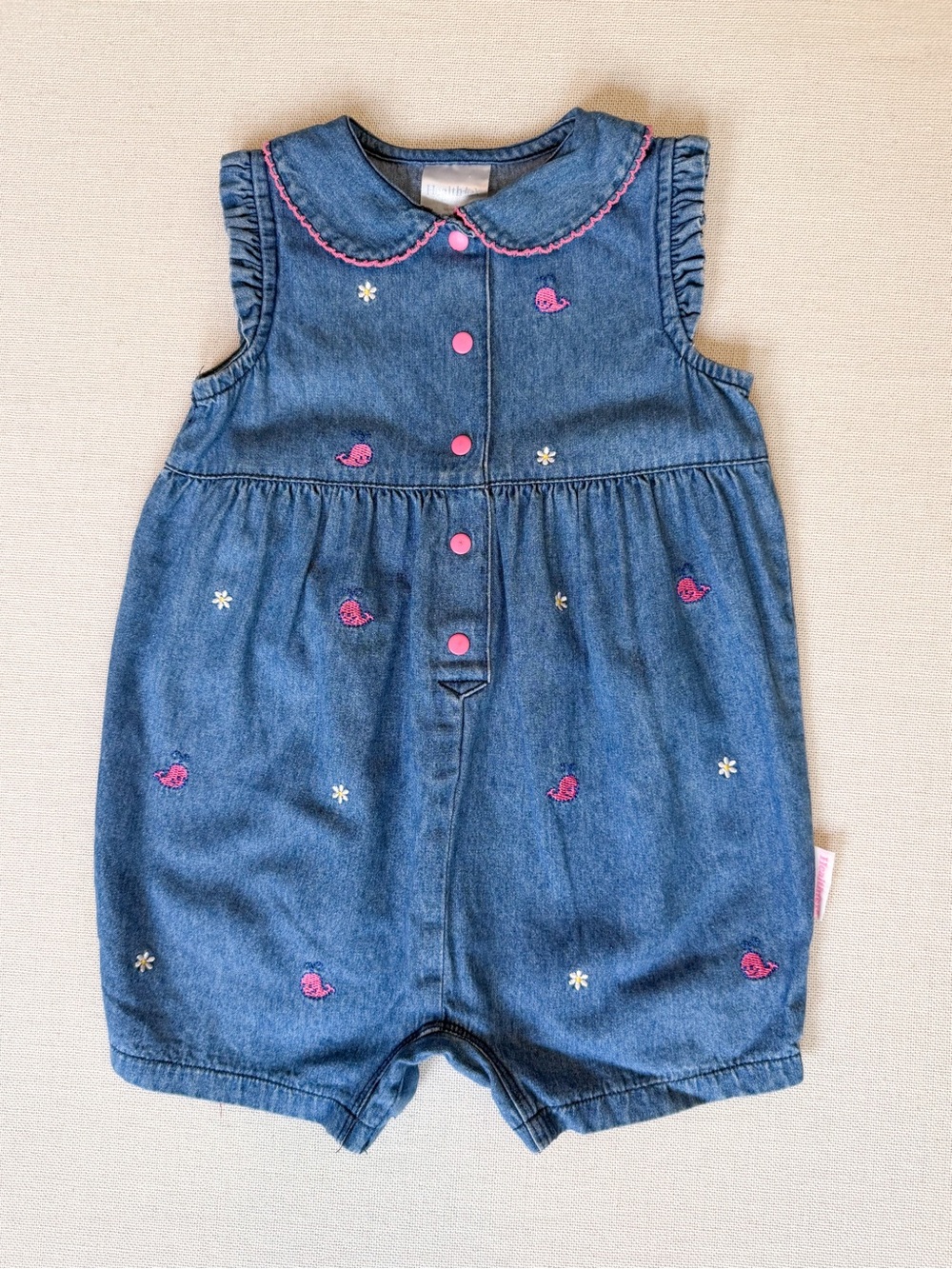 Vintage Health Tex 90s Embroidered Whale Peter Pan Collar Denim Romper 18M